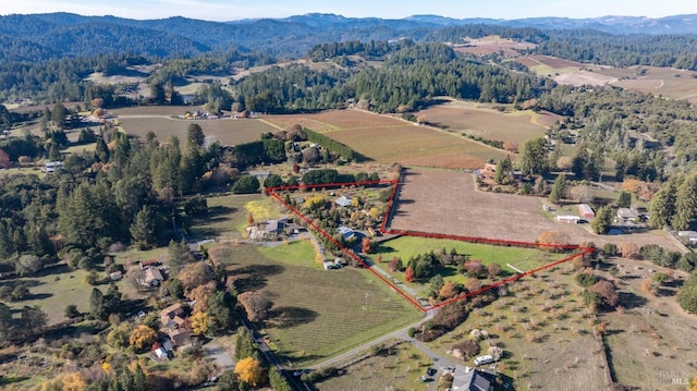 aerial view featuring a mountain view and a rural view