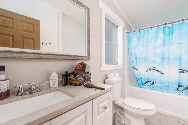 full bathroom with shower / bath combo, ornamental molding, vanity, a textured ceiling, and toilet