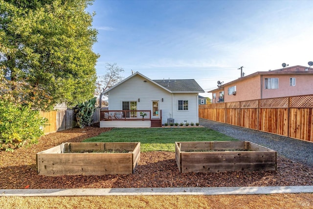 rear view of property featuring a fenced backyard, a vegetable garden, a deck, and a lawn