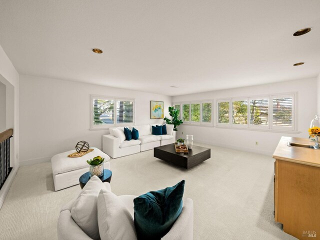 carpeted living room with sink