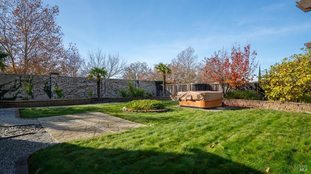 view of yard featuring a hot tub and a patio