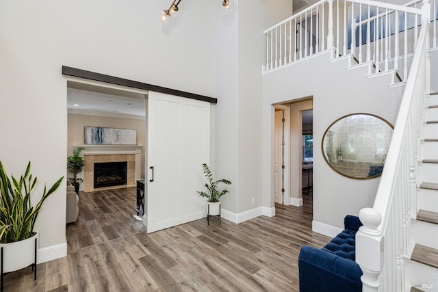 entrance foyer featuring wood-type flooring, a fireplace, and a high ceiling