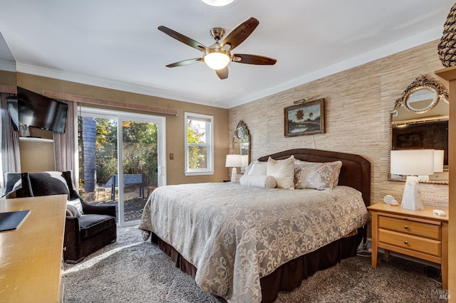 carpeted bedroom with access to outside, a ceiling fan, wallpapered walls, and crown molding