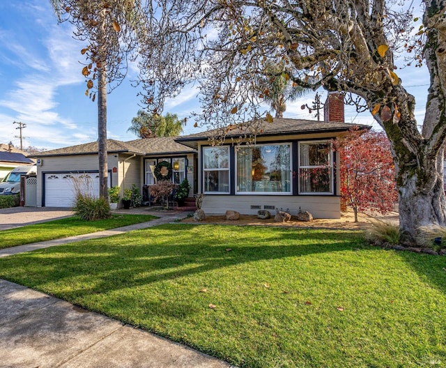 single story home with a garage, driveway, a chimney, and a front lawn