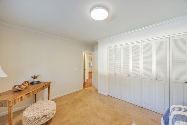 interior space with light carpet, a closet, and crown molding