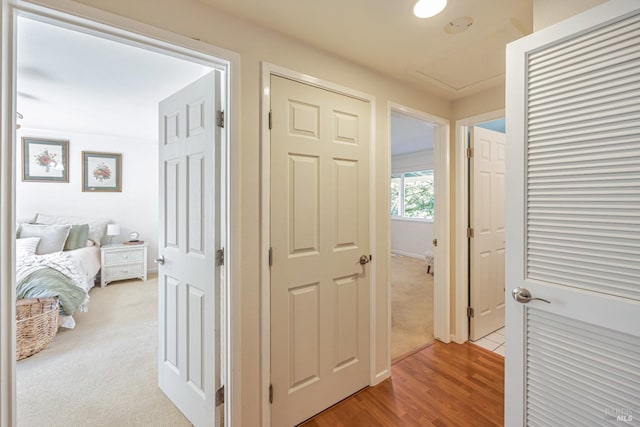 corridor with light hardwood / wood-style floors