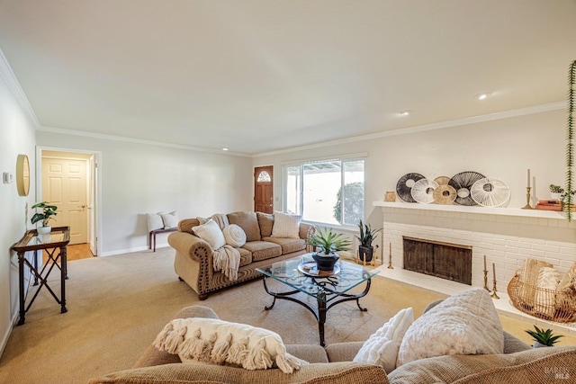 living room with light colored carpet, ornamental molding, and a brick fireplace