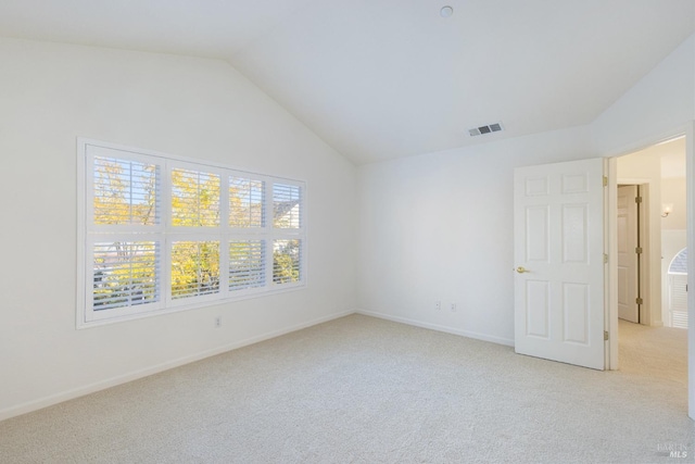 empty room with light colored carpet, a wealth of natural light, and lofted ceiling