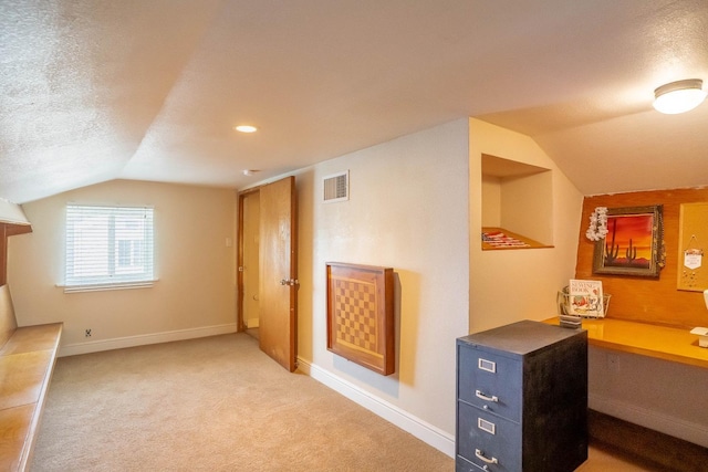 bonus room with lofted ceiling, a textured ceiling, and carpet flooring