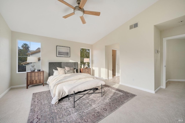 bedroom featuring light colored carpet, visible vents, baseboards, and multiple windows