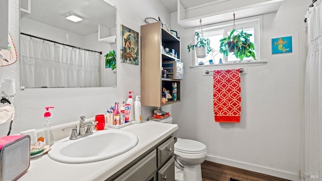 bathroom with vanity, hardwood / wood-style flooring, and toilet