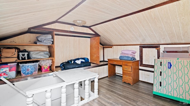 additional living space with dark hardwood / wood-style floors, wood ceiling, wooden walls, and lofted ceiling