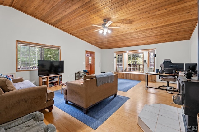 living room featuring lofted ceiling, light hardwood / wood-style flooring, wooden ceiling, and ceiling fan