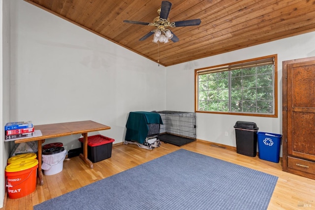 misc room featuring hardwood / wood-style floors, wood ceiling, vaulted ceiling, and ceiling fan