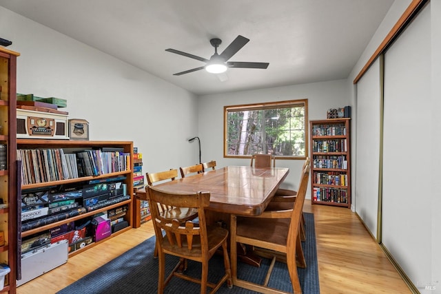 dining room with ceiling fan and light hardwood / wood-style flooring