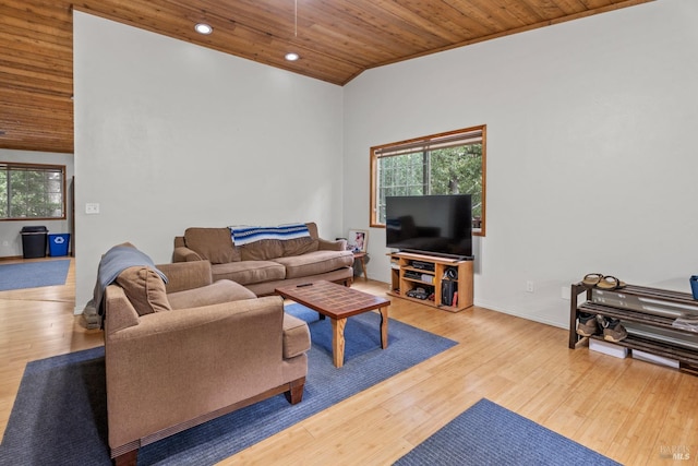 living room with hardwood / wood-style flooring and wooden ceiling