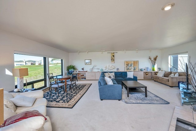 carpeted living room with track lighting