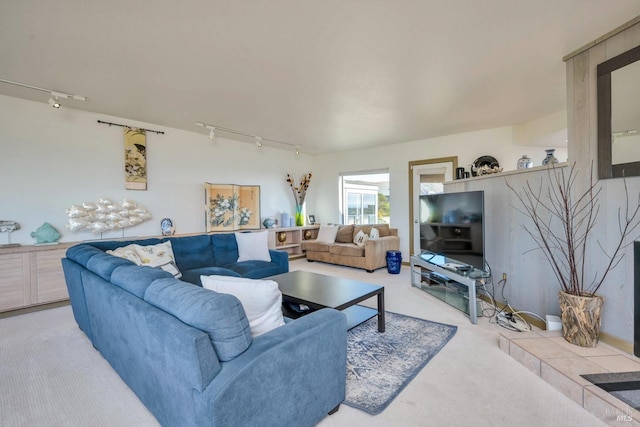 living room with light colored carpet and rail lighting