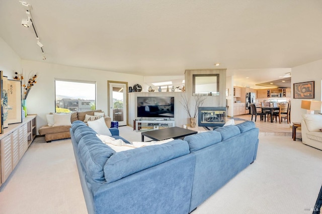 carpeted living room featuring track lighting