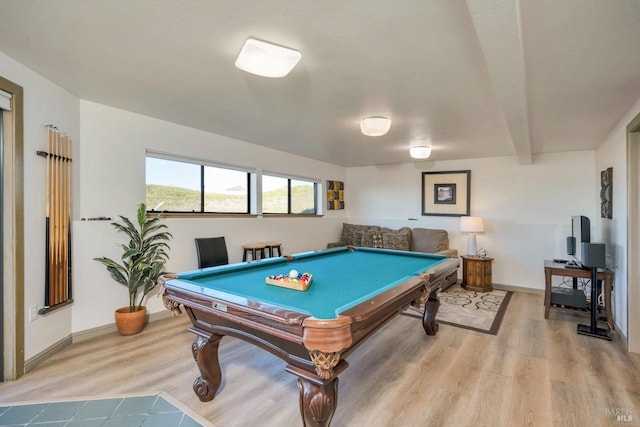 rec room featuring beamed ceiling, pool table, and light hardwood / wood-style flooring