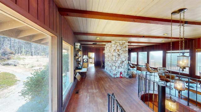 interior space featuring dark hardwood / wood-style flooring and beam ceiling