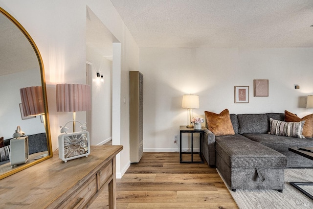 living room with a textured ceiling and light hardwood / wood-style floors