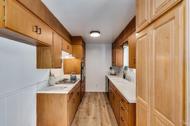 kitchen featuring sink, light hardwood / wood-style flooring, and black appliances