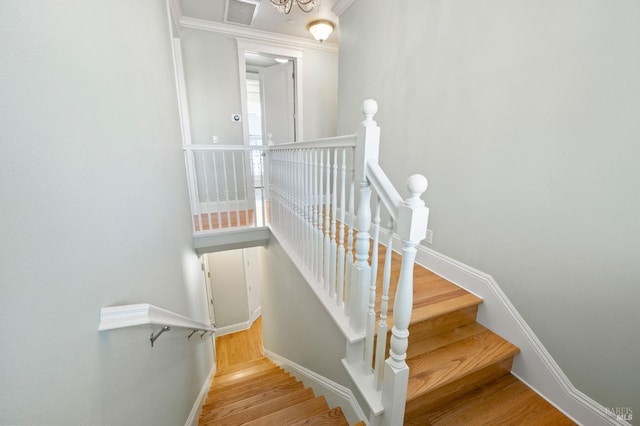 staircase featuring hardwood / wood-style flooring and crown molding