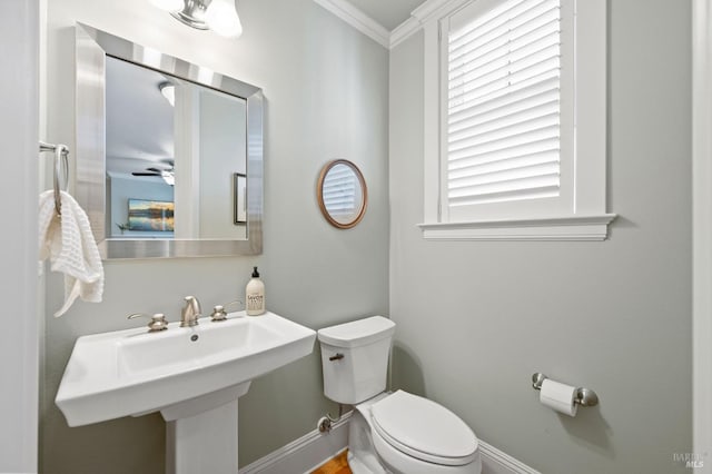 bathroom featuring ornamental molding and toilet