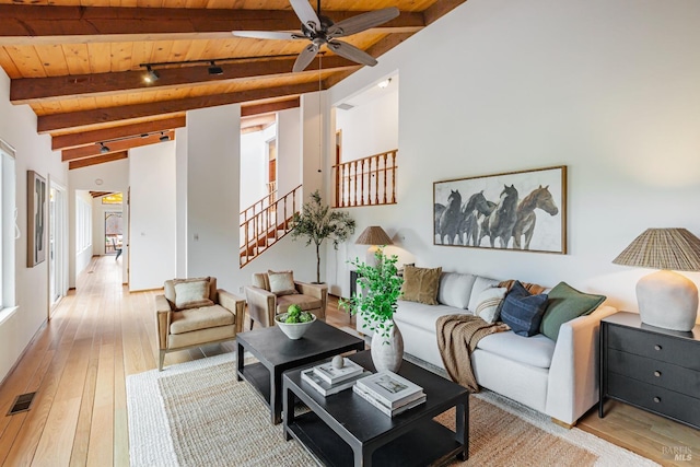 living room with high vaulted ceiling, ceiling fan, beamed ceiling, light hardwood / wood-style floors, and wood ceiling