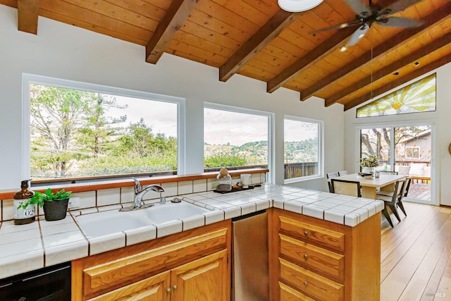 kitchen featuring tile countertops, vaulted ceiling with beams, wooden ceiling, and light wood-type flooring