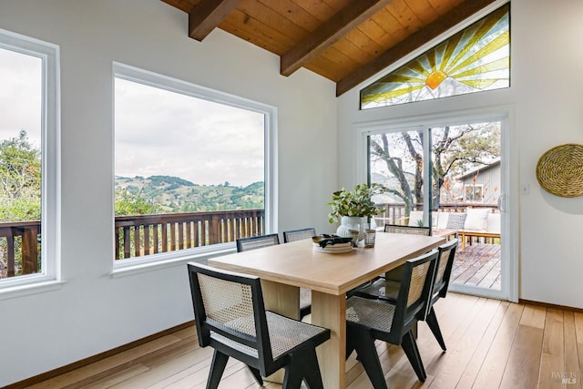 dining space featuring light wood-type flooring, vaulted ceiling with beams, baseboards, and wood ceiling