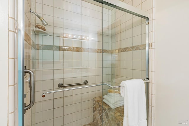 bathroom with a shower with shower door