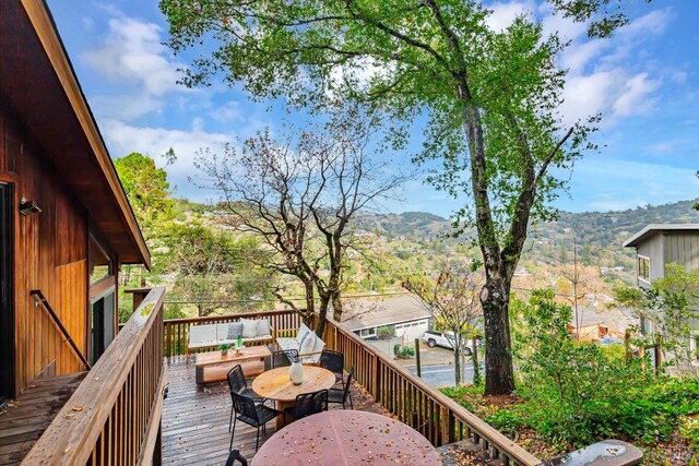 85 Woodside Dr, San Anselmo, CA 94960 - wooden deck with a mountain view, an outdoor living space, and outdoor dining space