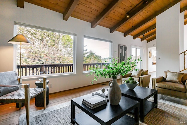 sunroom with wood ceiling and lofted ceiling with beams