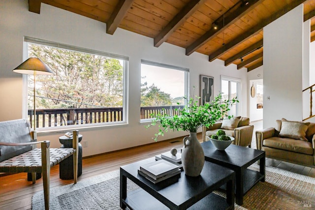 sunroom / solarium featuring beam ceiling