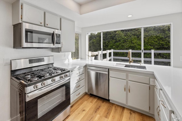 kitchen with light wood-style flooring, stainless steel appliances, light countertops, and a sink