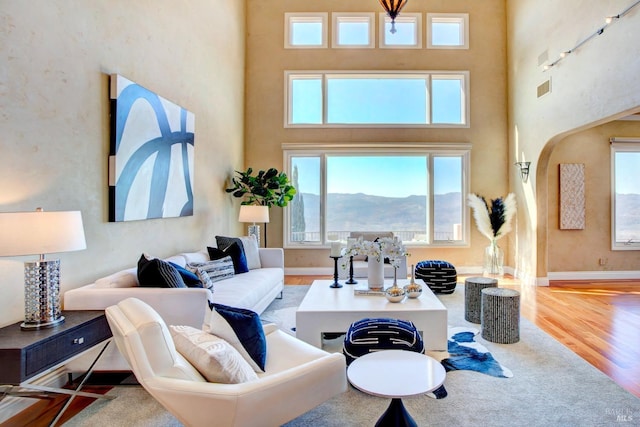 living room featuring arched walkways, a mountain view, wood finished floors, visible vents, and baseboards