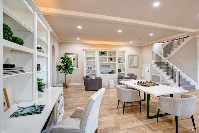 office with baseboards, ornamental molding, light wood-style flooring, and recessed lighting