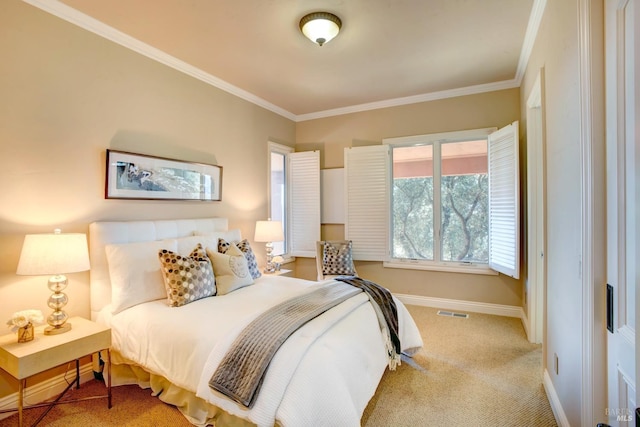 bedroom featuring visible vents, baseboards, crown molding, and light colored carpet