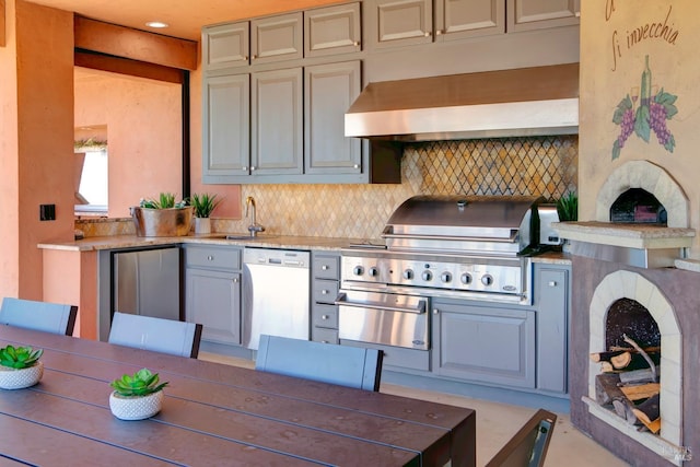 kitchen featuring a sink, light countertops, gray cabinets, backsplash, and dishwasher