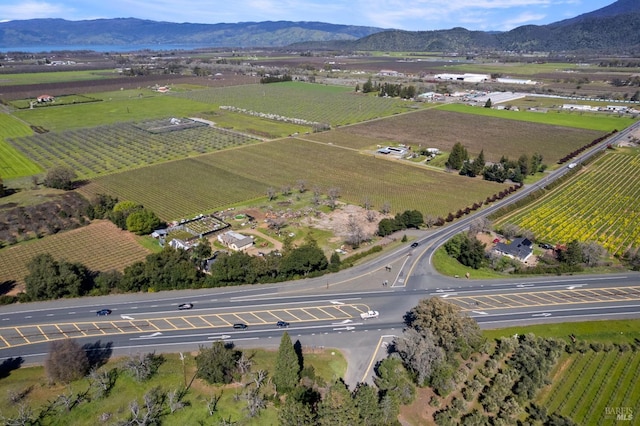 drone / aerial view featuring a mountain view and a rural view