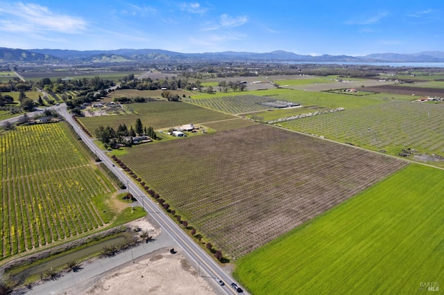 drone / aerial view with a mountain view and a rural view