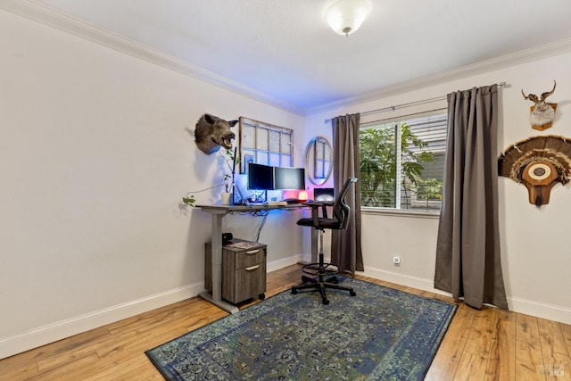 office area with crown molding and wood-type flooring