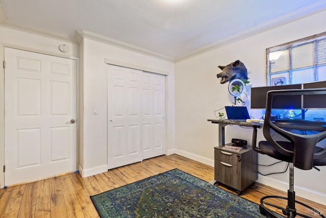 office featuring crown molding and light wood-type flooring