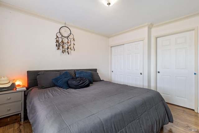 bedroom featuring crown molding, light wood-type flooring, and a closet