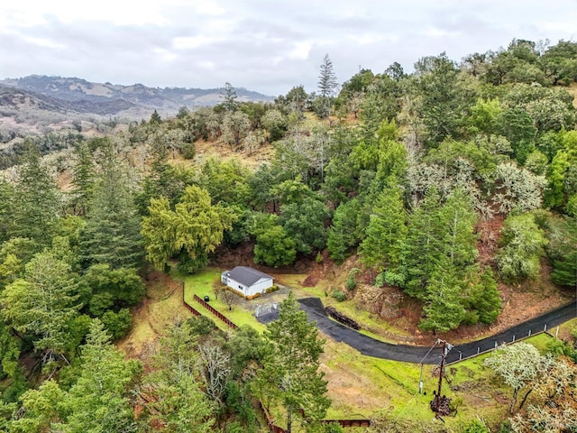 bird's eye view featuring a wooded view and a mountain view