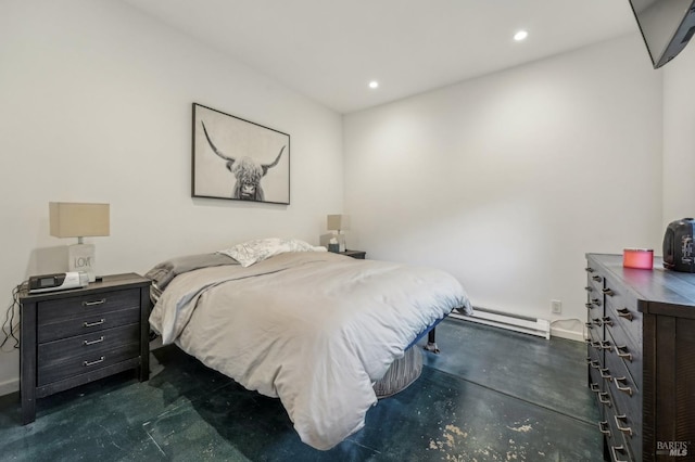 bedroom featuring a baseboard radiator, baseboards, concrete flooring, and recessed lighting