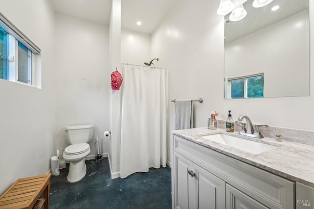 bathroom featuring toilet, recessed lighting, vanity, and a shower with shower curtain