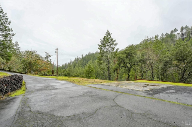 view of road with a forest view